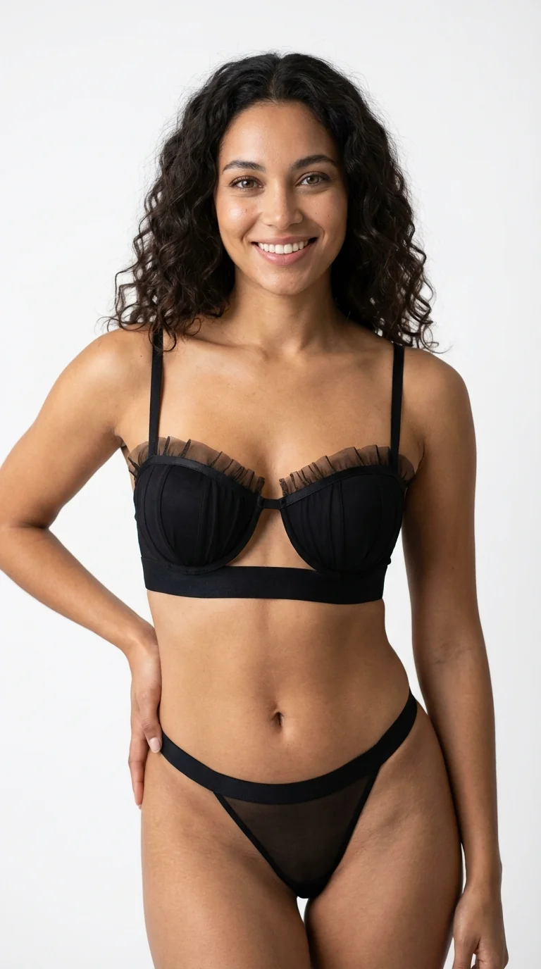 LunaIntim Siyah Tül Fırfırlı Sütyen Takımı Saten Detaylı ve Pencereli Modern Set - Arka Görünüm